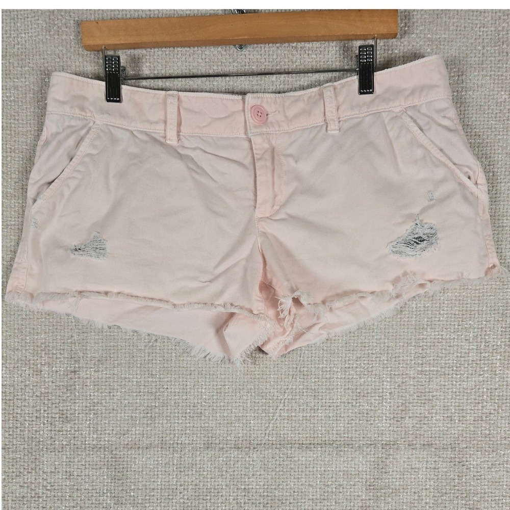 American Eagle Womens Pink Distressed Cutoff Denim Shorts Sz 12 Low Rise Raw Hem